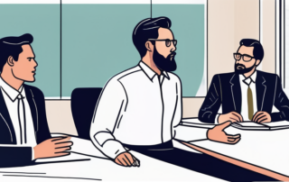 Selbstbewusster Profi praesentiert Bericht im modernen Buero, Kollegen zuhoerend, Macht ueberzeugender Argumente zeigend.