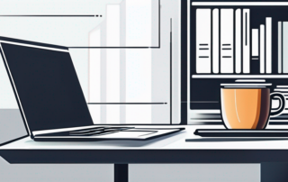 Modernes Buero mit Laptop, Notizbuch und Kaffeetasse auf sauberem Schreibtisch, Thema Produktivitaet und beruflicher Fortschritt.