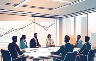 Selbstbewusster Professional bei Praesentation vor kleinem Team in modernem Buero, foerderliche Diskussion.