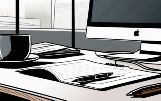 professioneller Schreibtisch mit Laptop und Stellenbewerbungsformular, Notizblock, Stift und Kaffeetasse