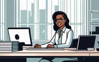 Selbstbewusster Profi an einem Schreibtisch in einem minimalistischen Buero mit natuerlicher Beleuchtung.