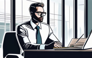 Selbstbewusster Business-Profi bereitet sich in modernem Buero auf Meeting vor, mit Laptop und Dokumenten auf dem Tisch.