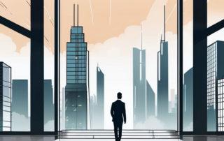 Junger Profi betritt selbstbewusst modernes Buero mit urbaner Skyline im Hintergrund.