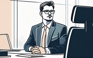 Selbstbewusster Profi im modernen Buero, zeigt erfolgreiche Verhandlung mit selbstsicherer Koerpersprache.