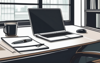 Ordentlicher Arbeitsplatz mit modernem Computer, Kaffeetasse, Notizblock und Stift, professionelles Arbeitsumfeld.