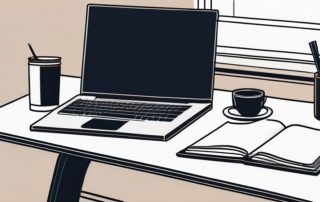 Buero Schreibtisch mit geordneten Dokumenten, Laptop und Kaffeetasse, erstellt professionelle Atmosphaere fuer Gehaltserhoehung Diskussionen.