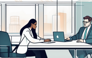 modernes Buero mit selbstbewusster Person und Vorgesetztem in fokussierter Besprechung, Laptop, Notizbuch, Wasser.