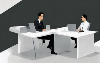 Selbstbewusster Profi verhandelt am modernen Schreibtisch in stilvollem Buero.