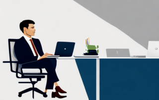 Selbstbewusster Profi am Verhandlungstisch mit Laptop, Notizblock und Stift in modernem Buero.