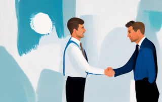 Selbstbewusster Profi schuettelt Haende mit Arbeitgeber in modernem Buero, symbolisiert erfolgreiche Verhandlung und Einigung.