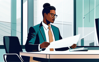 Professioneller im Buero, haelt ein Dokument, gespraech ueber Verhandlungsfaehigkeiten, modernes Buero im Hintergrund.