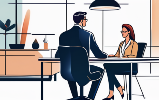 Selbstbewusster Profi im Gespraech mit Manager im modernen Buero, symbolisiert effektive Verhandlungsstrategien.