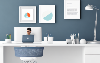 Professionell gekleidete Person bei virtuellem Coaching an Laptop in motivierender Bueroatmosphaere.