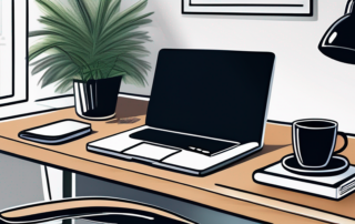 Business office mit Laptop, Notizbuch, Kaffeetasse, Buecherregal und Pflanze fuer Produktivitaet und Karriereschub.