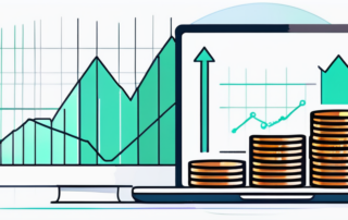 Laptop zeigt Aufwaertstrend-Graph, symbolisiert Wachstum und Fortschritt, daneben Muenzen fuer finanzielle Vorteile.