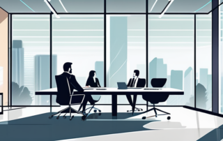 Modernes Buero mit Kollegen in Businesskleidung bei produktiver Besprechung am Konferenztisch, grosse Fenster und viel Tageslicht.