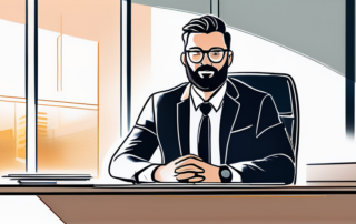 Professioneller am Schreibtisch in modernem Buero mit sonnigem Fenster und schicker Dekoration, konzentrierte und entschlossene Haltung.