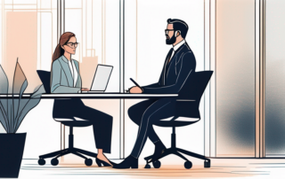 Selbstbewusster Profi im modernen Buero bei wichtiger Verhandlung mit Vorgesetztem.