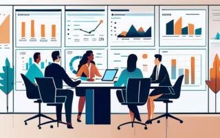 Buero Sitzungsgespräch mit Kollegen, Leistungsmessungen und Finanzdaten.