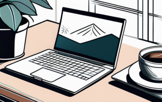 Schlanker Schreibtisch mit Laptop, Notizbuch, Stift, Pflanze und Kaffee fuer Produktivitaet und Professionalitaet.