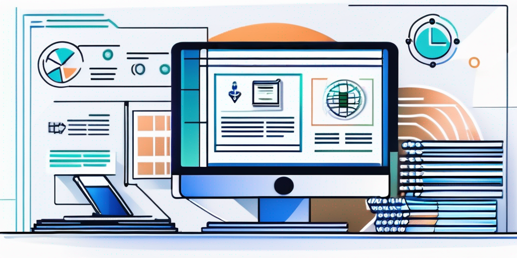 Moderne, digital optimierte Arbeitsplatz mit Computer, der Diagramme und Sicherheitssymbole anzeigt, neben einem Stapel offizieller Dokumente fuer effiziente und sichere SEPA-Lastschrifttransaktionen.
