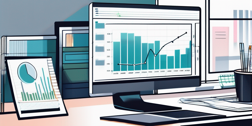 Organisierter Arbeitsplatz mit Computer, der Diagramme zeigt, Notizbuecher und Finanzmagazine fuer finanzielle Forschung und Analyse.