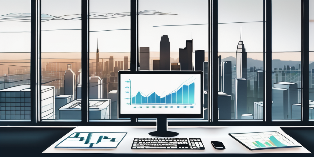 Schreibtisch mit Finanzdiagrammen, Tablet mit Boersen-Apps und Stadtskyline, ideal fuer strategische Sparplanung ueber Geldmarktkonten.