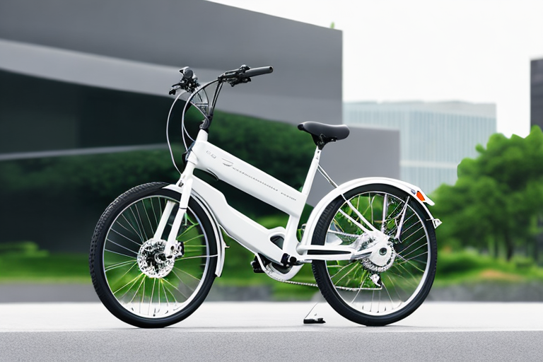 E-Bike in urbaner Szenerie mit modernem Design und Stadtleben im Hintergrund.