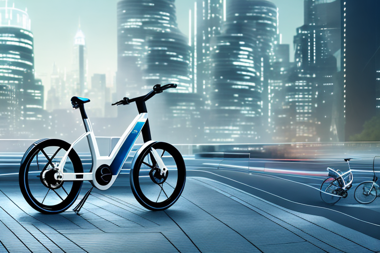 An e-bike parked in a futuristic cityscape