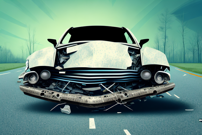 A wrecked car on a road with a broken odometer lying nearby