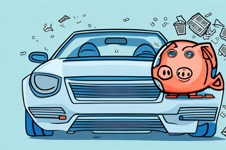 A car with a broken windshield and a piggy bank next to it