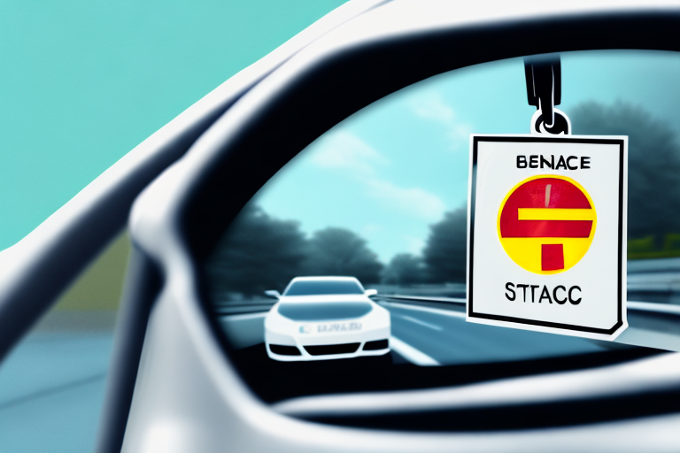 A car with an insurance tag hanging from the rearview mirror