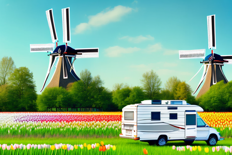 A serene dutch camping site with a caravan parked near a canal