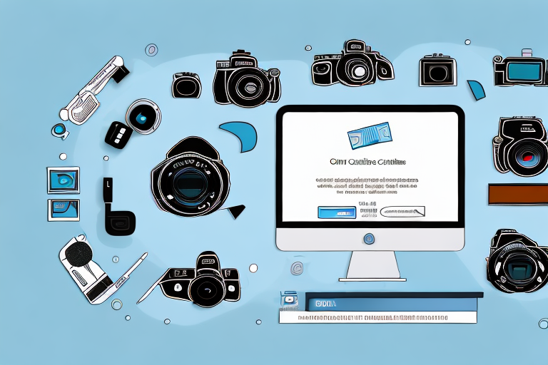 A digital camera with various photography elements like a tripod