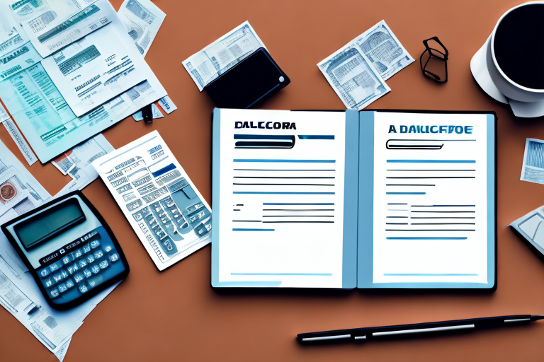A motorhome with scattered financial documents and a calculator on a table