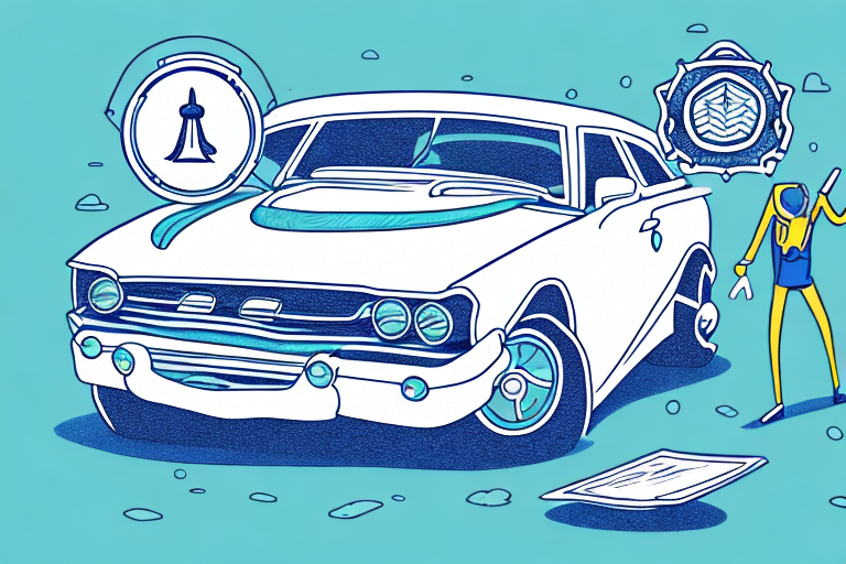 An old car insurance policy floating away and a new car with a protective shield symbolizing a new insurance policy