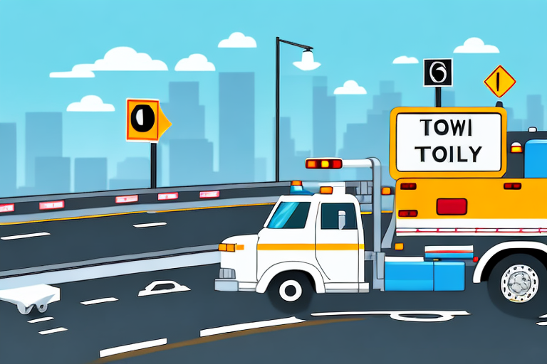 A tow truck on a highway with various road signs indicating speed limits and towing rules