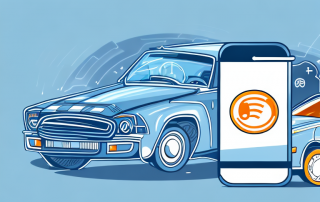A phone and a computer with a car in the background