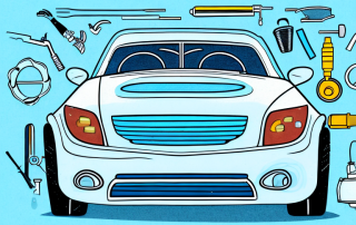 A car in a garage with various repair tools around