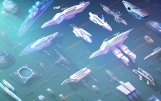 A futuristic sci-fi scene with various spaceships categorised into different classes