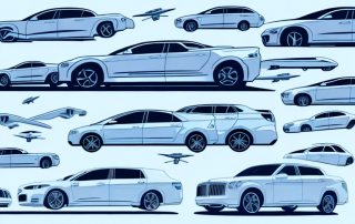 Several different types of leasing cars with various insurance shields hovering above them