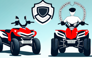 A quad bike with insurance-related symbols like a shield and check mark