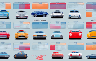 A calendar with various car icons on different months