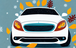 A car with a seasonal license plate on a scenic road