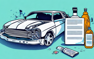 A wrecked car with a spilled bottle of alcohol nearby