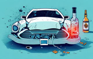 A crashed car with a spilled alcohol bottle nearby