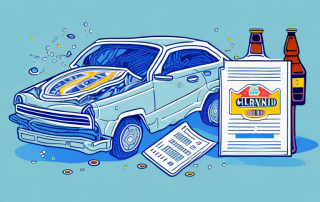 A crashed car with a spilled beer bottle nearby