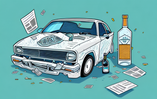 A crashed car with a broken bottle of alcohol in the foreground