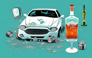 A crashed car with a broken bottle of alcohol in the foreground