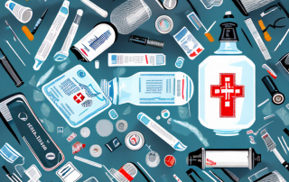 A broken beer bottle next to a medical kit and a health insurance card